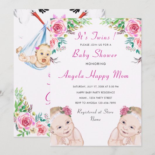 Twin Girls Baby shower Invitation (Voorkant / Achterkant)