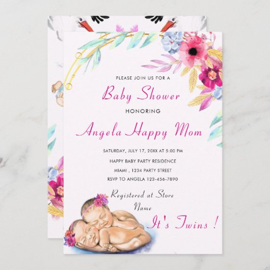 Twin Girls Baby shower Invitation - Aangepaste kle (Voorkant / Achterkant)