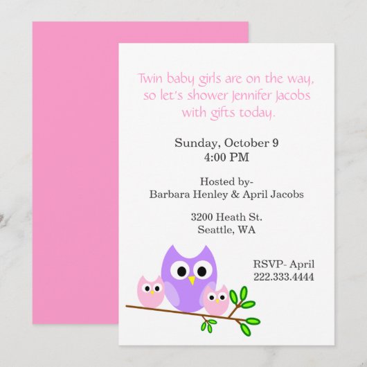 Twin Girls Baby shower Invitation Kaart (Voorkant / Achterkant)