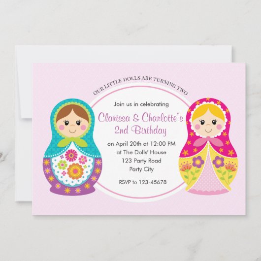 Twin Girls Birthday Invitation (Matryoshka) Kaart (Voorkant)