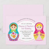 Twin Girls Birthday Invitation (Matryoshka) Kaart (Voorkant / Achterkant)