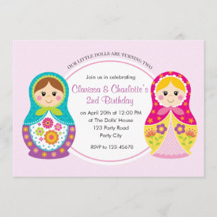 Twin Girls Birthday Invitation (Matryoshka) Kaart