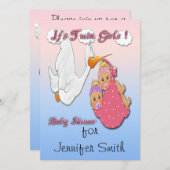 Twin Girls Blonde - Stork Baby Shower Invitations Kaart (Voorkant / Achterkant)