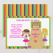 Twin Girls Bowling Birthday Party Invitation Kaart (Voorkant / Achterkant)