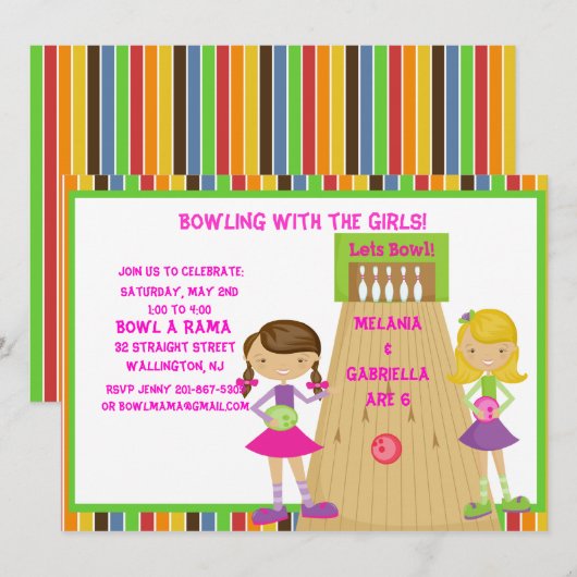 Twin Girls Bowling Birthday Party Invitation Kaart (Voorkant / Achterkant)