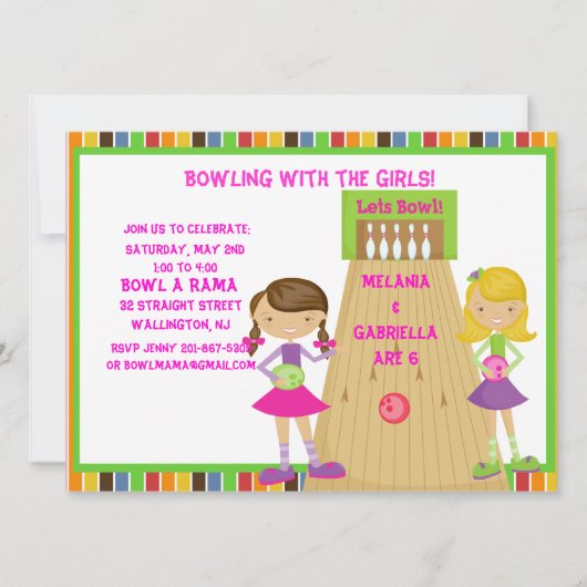 Twin Girls Bowling Birthday Party Invitation Kaart (Voorkant)