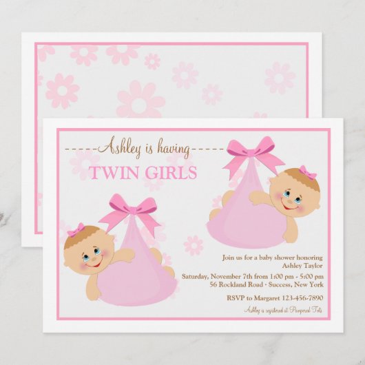 Twin Girls Bundles Baby shower Invitation Kaart (Voorkant / Achterkant)