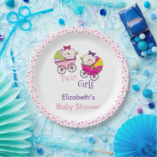 Twin Girls Carriage Baby shower Papieren Bordje (Feest)
