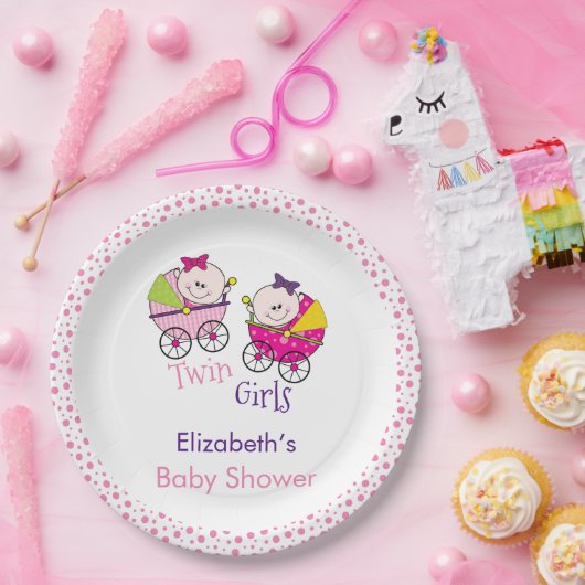 Twin Girls Carriage Baby shower Papieren Bordje (Feest)