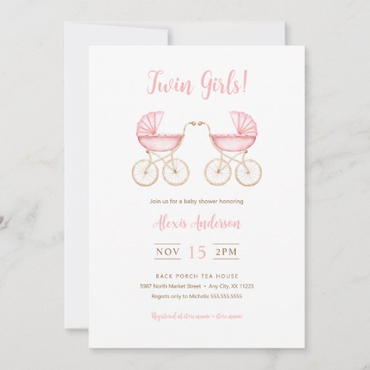 Twin Girls Carriages Baby Shower Invitation Kaart (Voorkant)