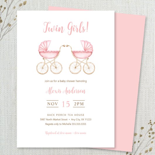 Twin Girls Carriages Baby Shower Invitation Kaart
