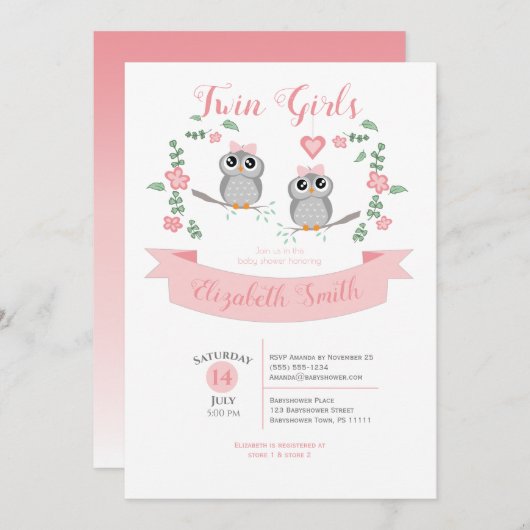 Twin Girls Cute owls babyshower Kaart (Voorkant / Achterkant)