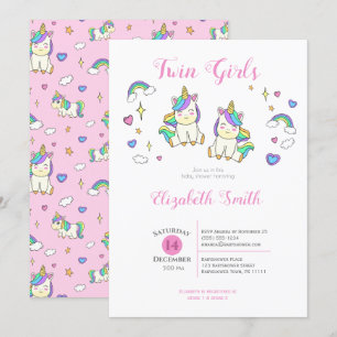 Twin Girls Cute unicorn baby shower Invitation Kaart