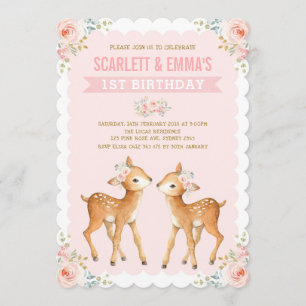 Twin Girls Deer 1st Birthday Twins Pink Floral Kaart