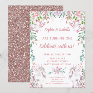 Twin Girls Eenhoorn Glitter Eerste Verjaardag Kaart