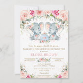 Twin Girls Elephant Blush Floral Tea Baby shower Kaart (Voorkant)