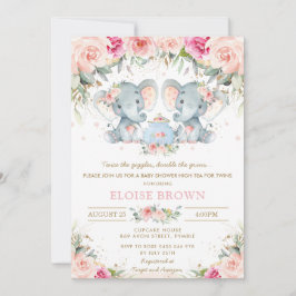 Twin Girls Elephant Blush Floral Tea Baby shower Kaart