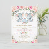 Twin Girls Elephant Blush Floral Tea Baby shower Kaart (Staand voorkant)