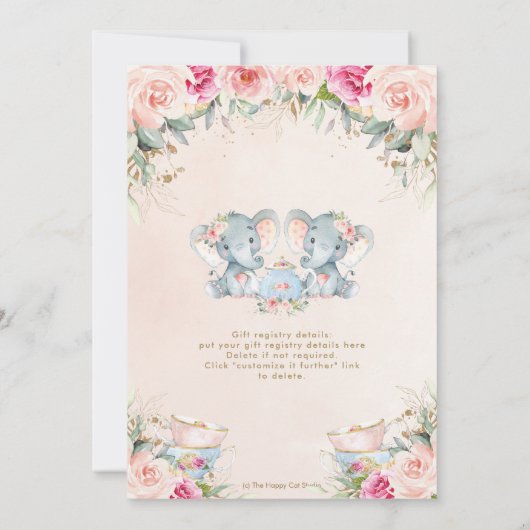 Twin Girls Elephant Blush Floral Tea Baby shower Kaart (Achterkant)