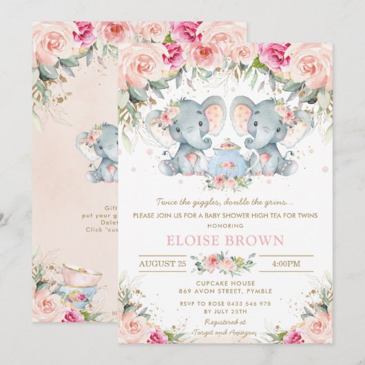 Twin Girls Elephant Blush Floral Tea Baby shower Kaart (Voorkant / Achterkant)