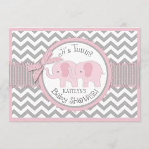 Twin Girls Elephants Chevron Print Baby shower Kaart
