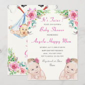 Twin Girls ! Funny Stork Baby shower Invitation (Voorkant / Achterkant)