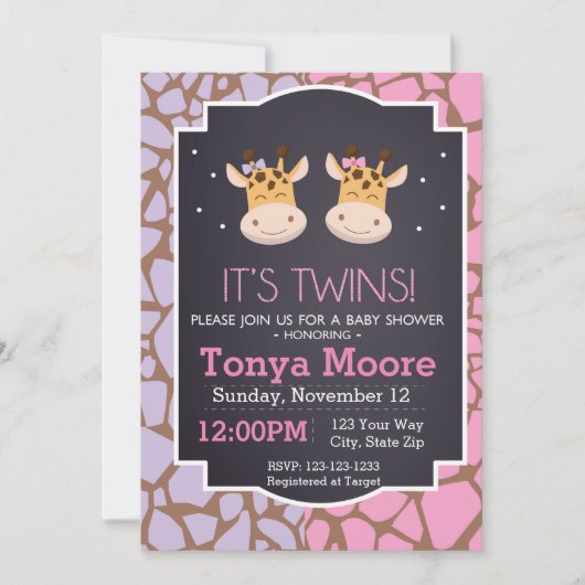 Twin Girls Giraffe Baby shower Uitnodiging (Voorkant)