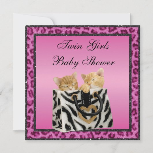 Twin Girls Kittens Pink Leopard Baby shower Kaart (Voorkant)