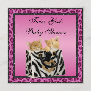 Twin Girls Kittens Pink Leopard Baby shower Kaart