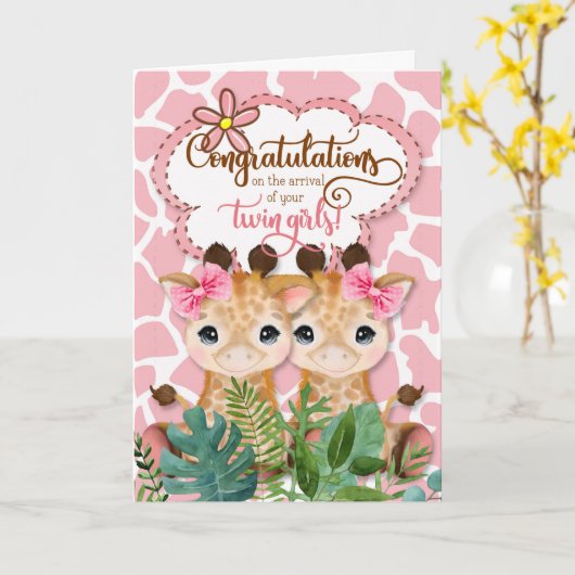 Twin Girls New Baby Oerwoud Theme Gefeliciteerd Kaart (Gele Bloem)