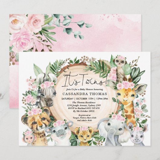 Twin Girls Oerwoud Safari Party Animals Baby showe Kaart (Voorkant / Achterkant)