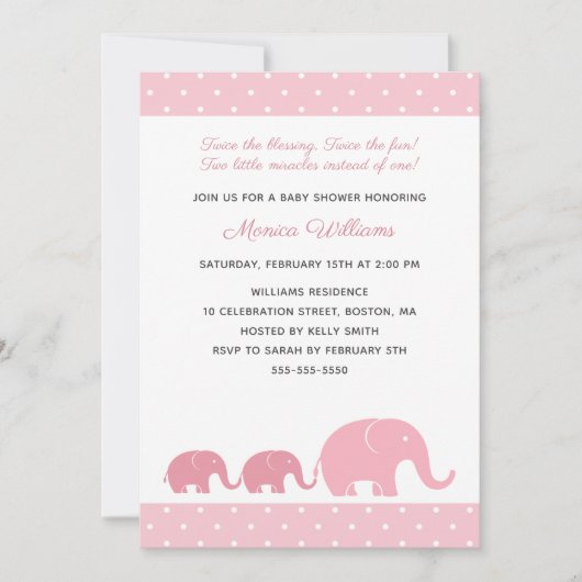 Twin Girls Pink Elephant Baby Shower Invitations Kaart (Voorkant)