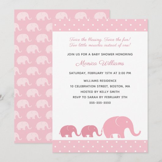 Twin Girls Pink Elephant Baby Shower Invitations Kaart (Voorkant / Achterkant)