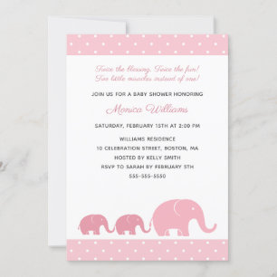 Twin Girls Pink Elephant Baby Shower Invitations Kaart