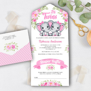 Twin Girls Pink Floral Elephant Baby shower All In One Uitnodiging