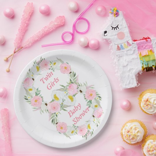 Twin Girls Pink Floral Waterverf Baby shower Papieren Bordje (Feest)