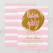 TWIN GIRLS Pink Gold Foil Waterverf Uitnodiging (Voorkant / Achterkant)