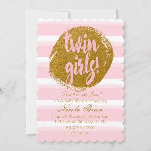 TWIN GIRLS Pink Gold Foil Waterverf Uitnodiging (Voorkant)