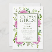 Twin Girls Pink Hydrangeas Baby shower Kaart (Voorkant)