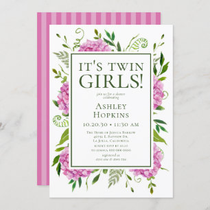 Twin Girls Pink Hydrangeas Baby shower Kaart