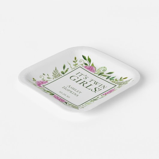 Twin Girls Pink Hydrangeas Girl Baby shower Papieren Bordje (Gebogen)