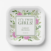 Twin Girls Pink Hydrangeas Girl Baby shower Papieren Bordje (Voorkant)