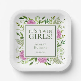 Twin Girls Pink Hydrangeas Girl Baby shower Papieren Bordje