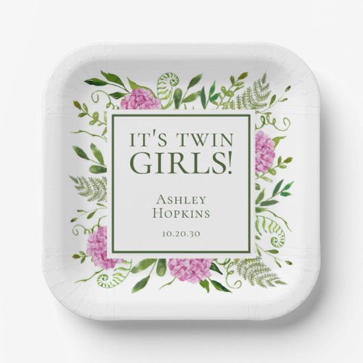 Twin Girls Pink Hydrangeas Girl Baby shower Papieren Bordje (Voorkant)