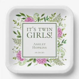 Twin Girls Pink Hydrangeas Girl Baby shower Papieren Bordje