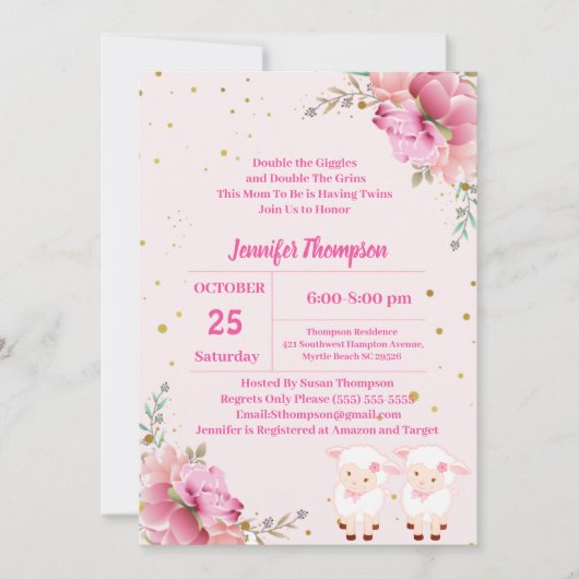 Twin Girls Pink Lambs Kaart (Voorkant)