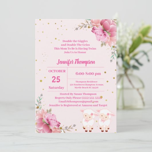 Twin Girls Pink Lambs Kaart (Staand voorkant)