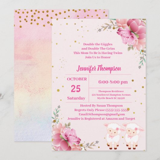 Twin Girls Pink Lambs Kaart (Voorkant / Achterkant)