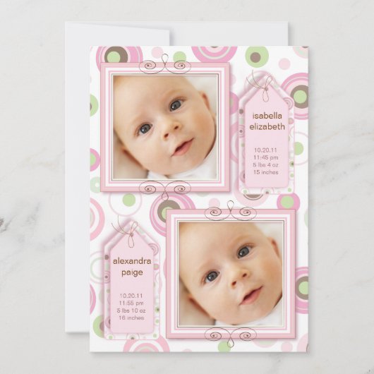Twin Girls Pink Polka Dot Foto aankondiging (Voorkant)