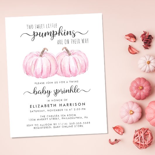 Twin Girls Pink Pumpkin Baby Sprinkle Uitnodiging